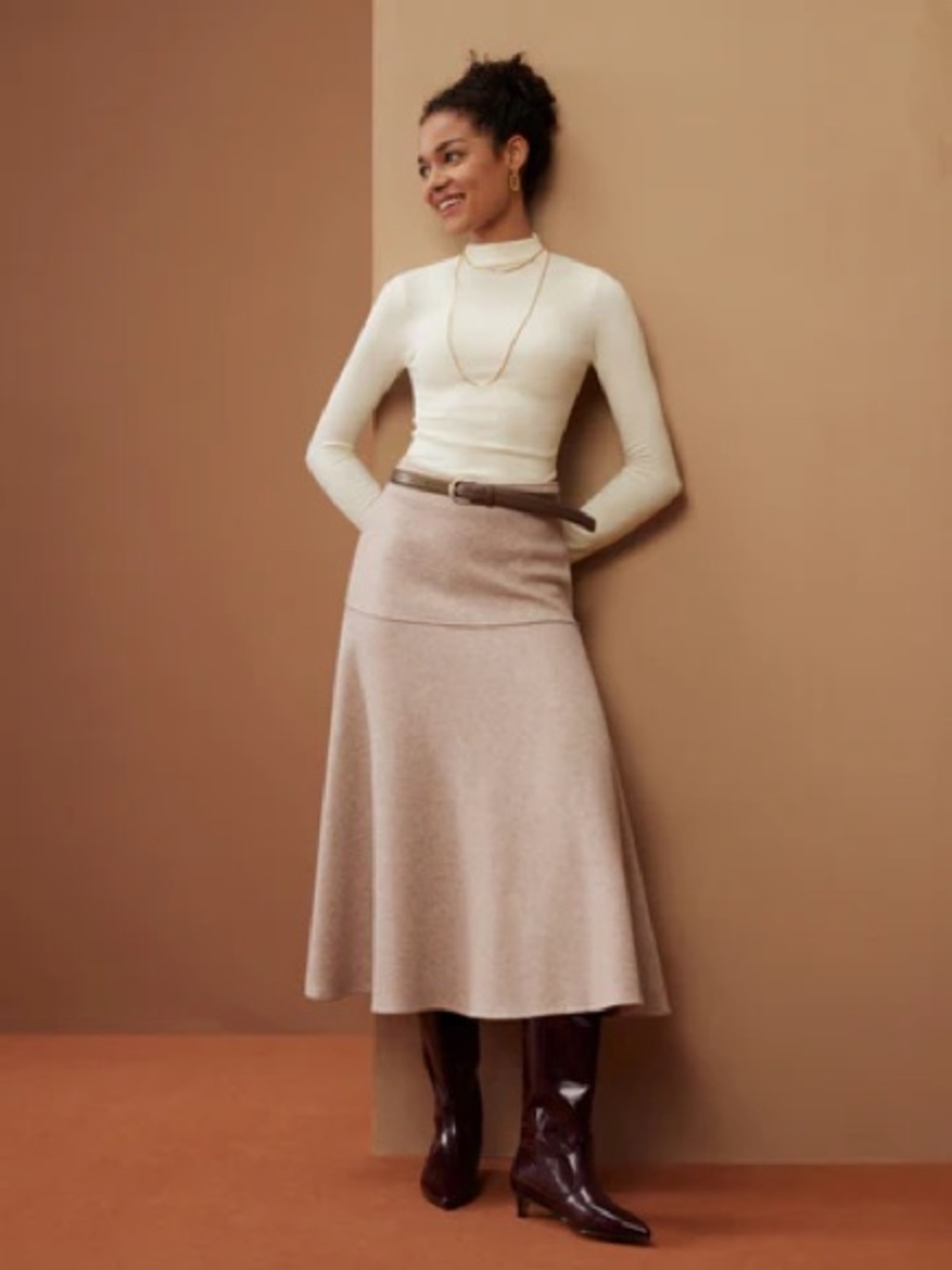 OGL Heather Oatmeal Beige Cashsoft Flared Maxi Skirt XS - Picture 7 of 7